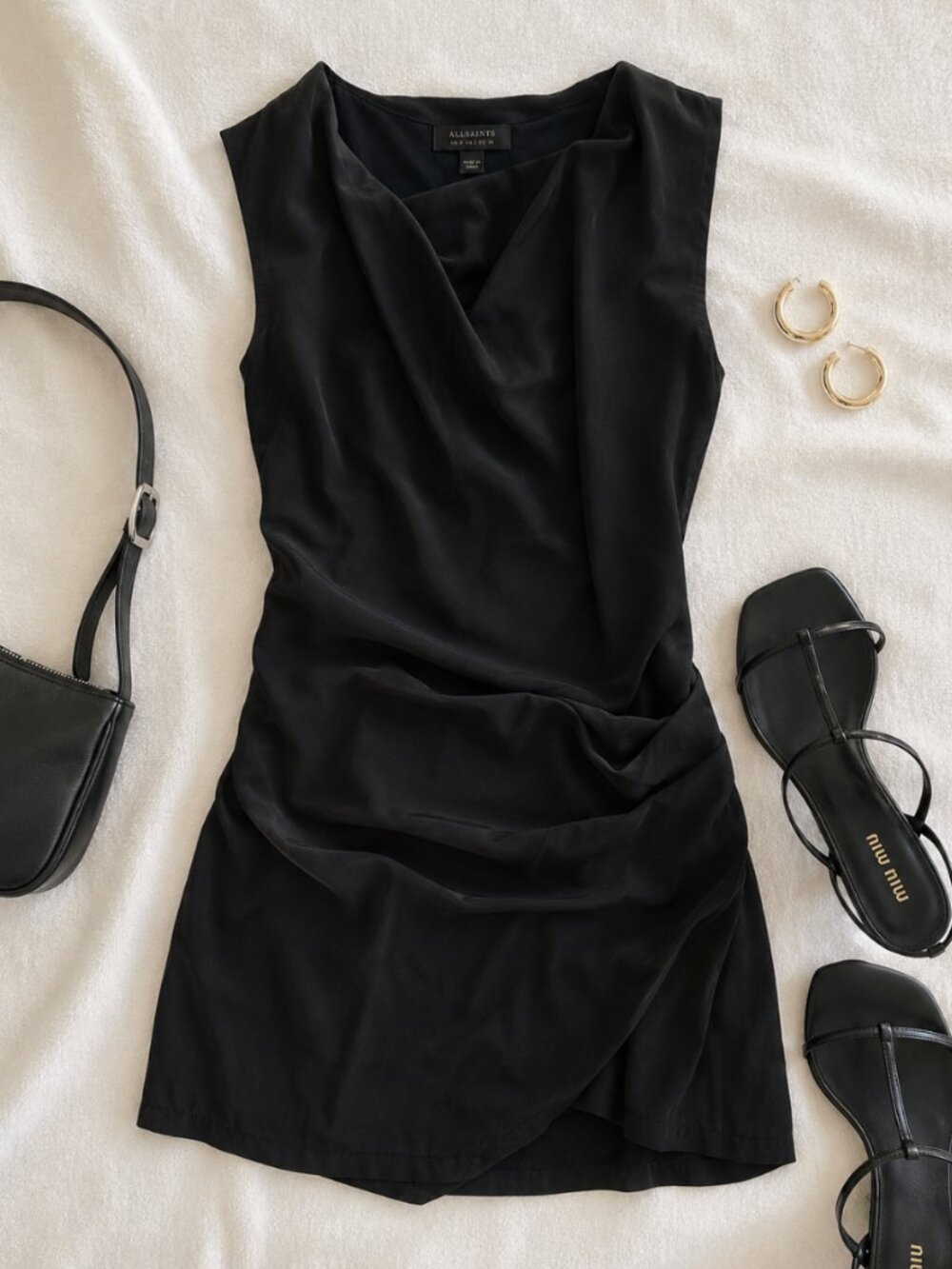 AllSaints Nast Silk Blend Draped Sleeveless Mini Dress Black US 2